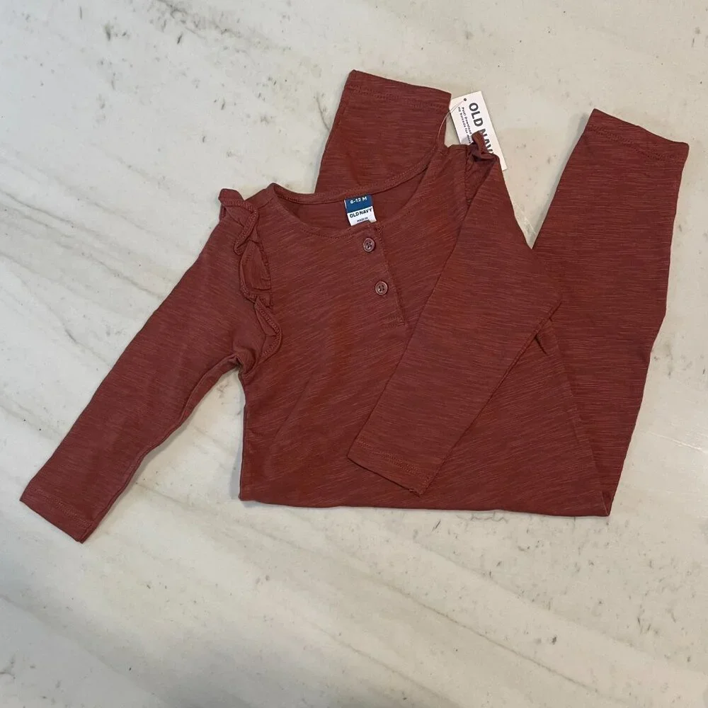 6-12mo PJ/romper, maroon with ruffle shoulders -  NEW!